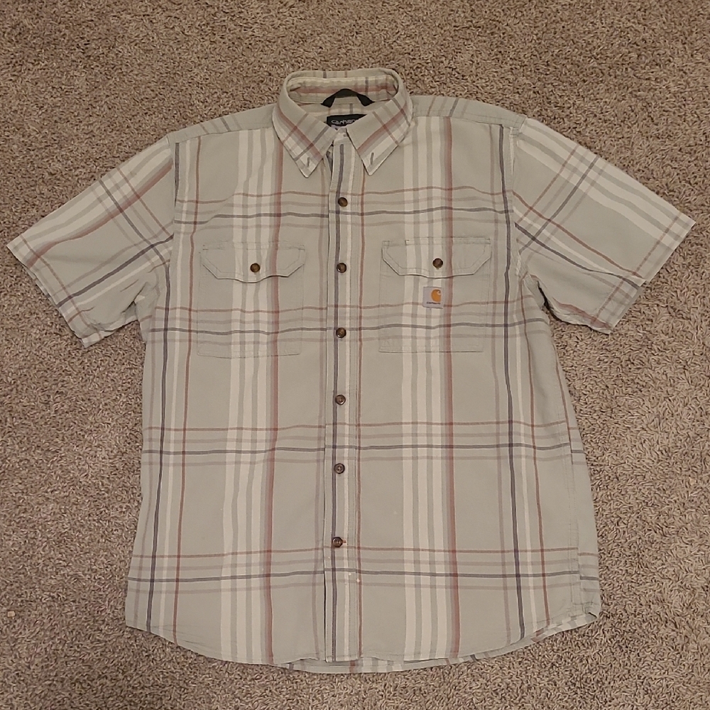 Carhartt Men's Medium Loose Fit Casual Plaid Button Down Shirt Cotton Green Red